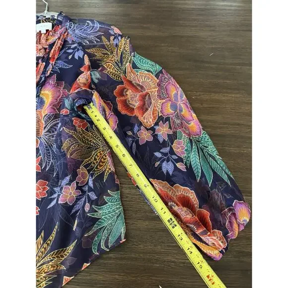 Johnny Was Jade Octavia Floral Silk Blouse Womens Large Oriental Semi Sheer - Picture 13 of 16